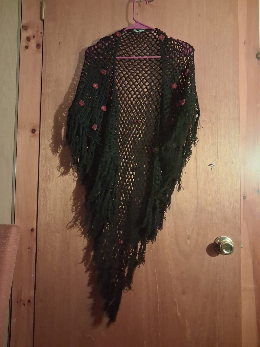 Betsey Johnson Black Open-Knit Fringe Shawl with Pink Floral Accents. NWOT